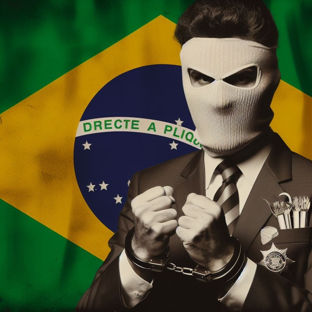 Imagem gerada pelo bing image creator com o prompt politico criminoso em estilo da bandeira do brasil